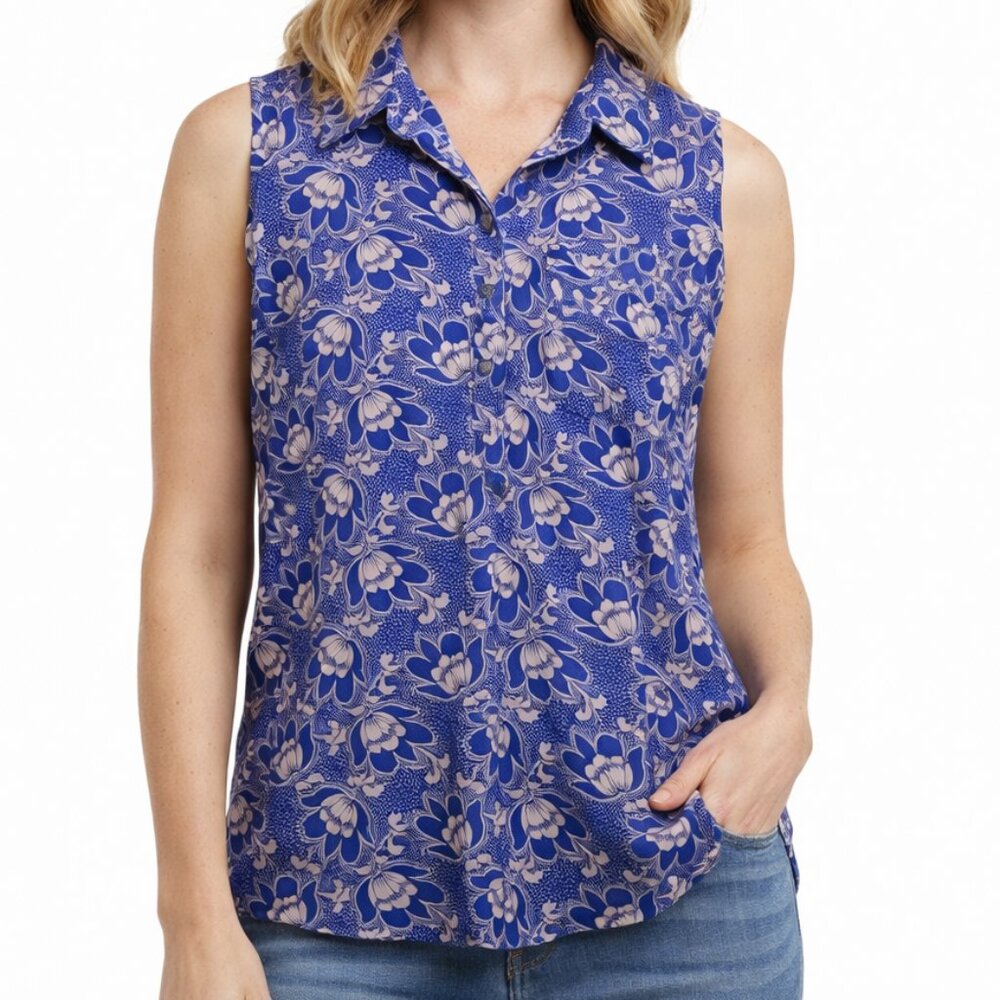 💙 Ann Taylor Sleeveless Purple/Blue Floral Blouse | Size Large 💙